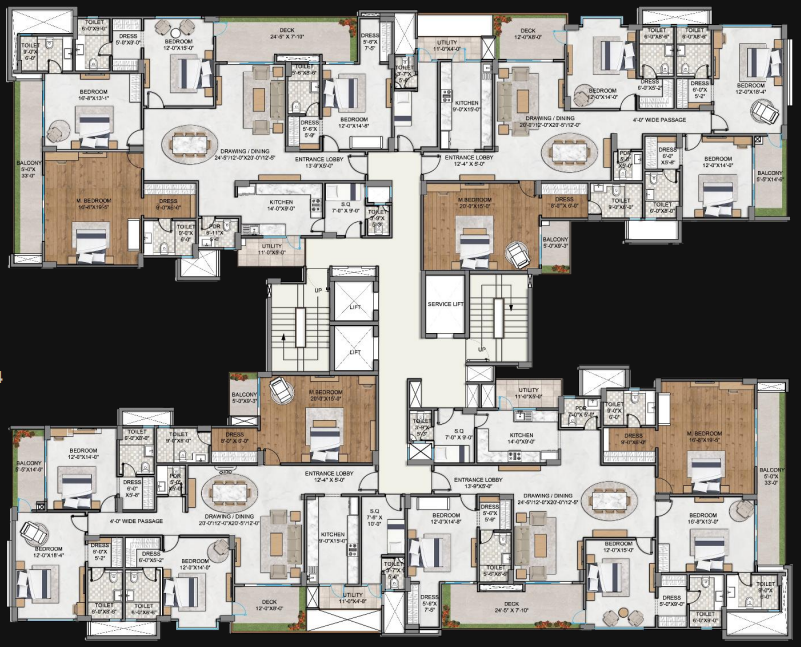 Tower A 4BHK Floor Plan - 3388 sqft Super Area with 2142 sqft RERA Carpet Area at Danapur Khagaul Patna